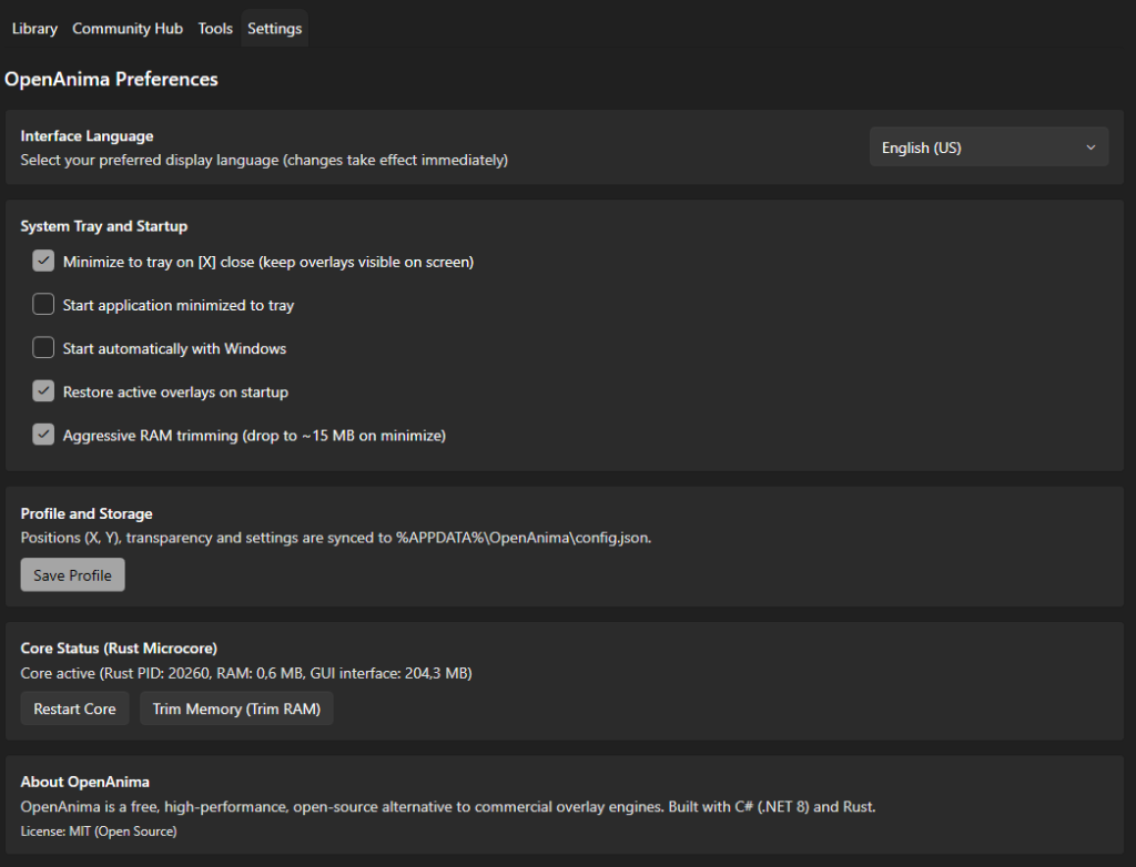 OpenAnima Settings Language Item 1